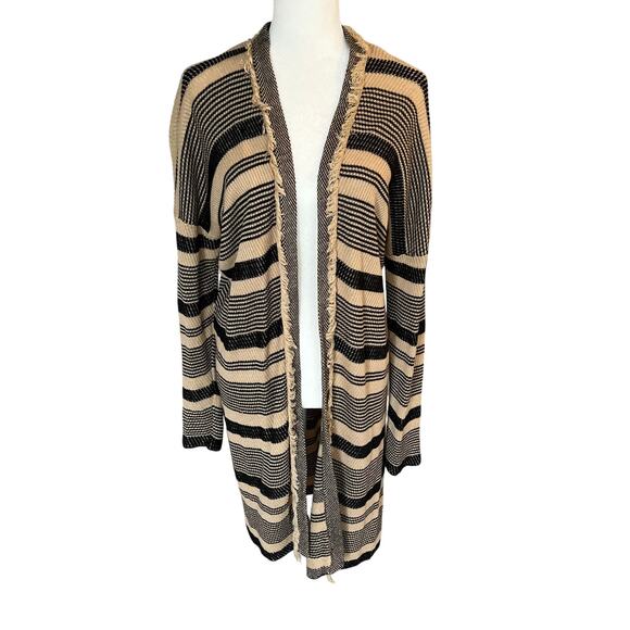 Lauren Ralph Lauren Tan Black Stripe Open Front Long Cardigan Duster Large - Picture 1 of 5
